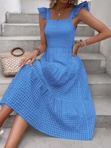 SHEIN VCAY Solid Shirred Ruffle Trim Dress - Blue - View 3