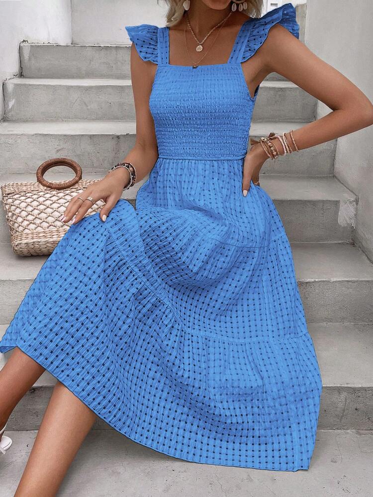 SHEIN VCAY Solid Shirred Ruffle Trim Dress - Blue - View 3