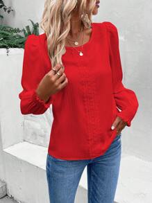 SHEIN LUNE 新年服装花边蕾丝插片灯笼袖衬衫 - 紅色 - 查看 6
