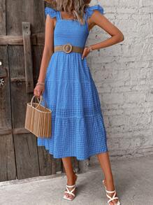 SHEIN VCAY Solid Shirred Ruffle Trim Dress - Blue - View 5