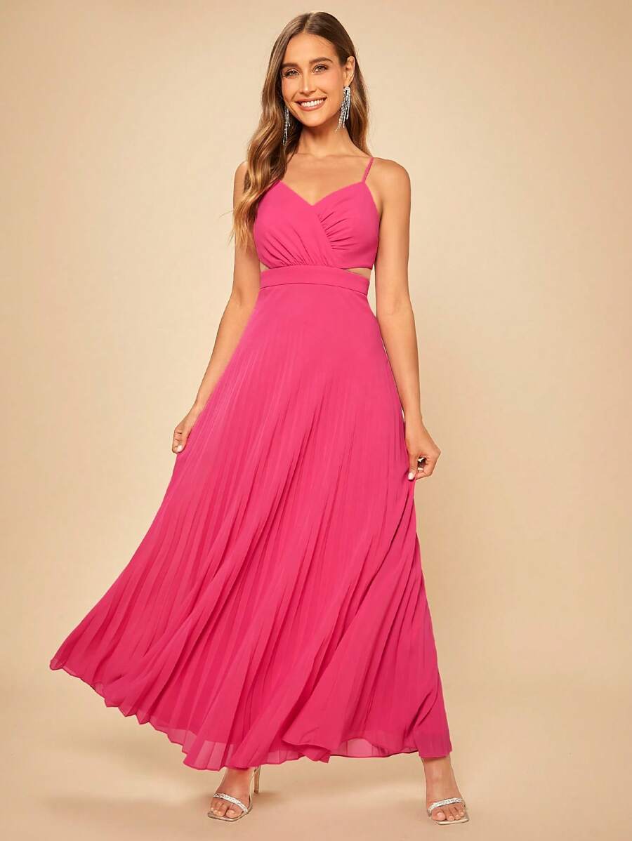 SHEIN Belle 素色百褶下擺吊帶裙伴娘禮服 - 玫紅色 - 查看 1