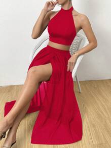 Chiquease Solid Halter Top & Swiss Dot Wrap Skirt - Red - View 1