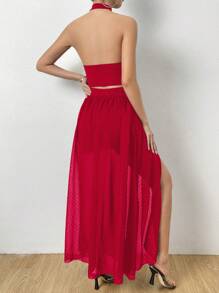 Chiquease Solid Halter Top & Swiss Dot Wrap Skirt - Red - View 2