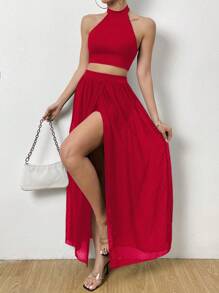 Chiquease Solid Halter Top & Swiss Dot Wrap Skirt - Red - View 3