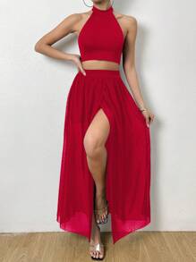 Chiquease Solid Halter Top & Swiss Dot Wrap Skirt - Red - View 4