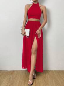 Chiquease Solid Halter Top & Swiss Dot Wrap Skirt - Red - View 5