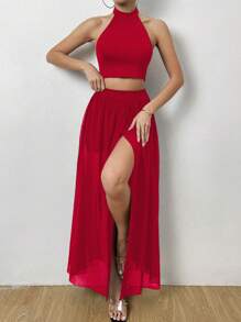 Chiquease Solid Halter Top & Swiss Dot Wrap Skirt - Red - View 6