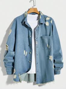 Manfinity EMRG 男士棉破洞毛邊牛仔襯衫不帶T恤 - 淺色水洗藍 - 查看 1