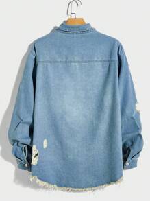 Manfinity EMRG 男士棉破洞毛邊牛仔襯衫不帶T恤 - 淺色水洗藍 - 查看 2