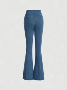 SHEIN MOD Quần jean nữ Nút Túi Dây kéo màu trơn - Rửa trung bình - Xem 2