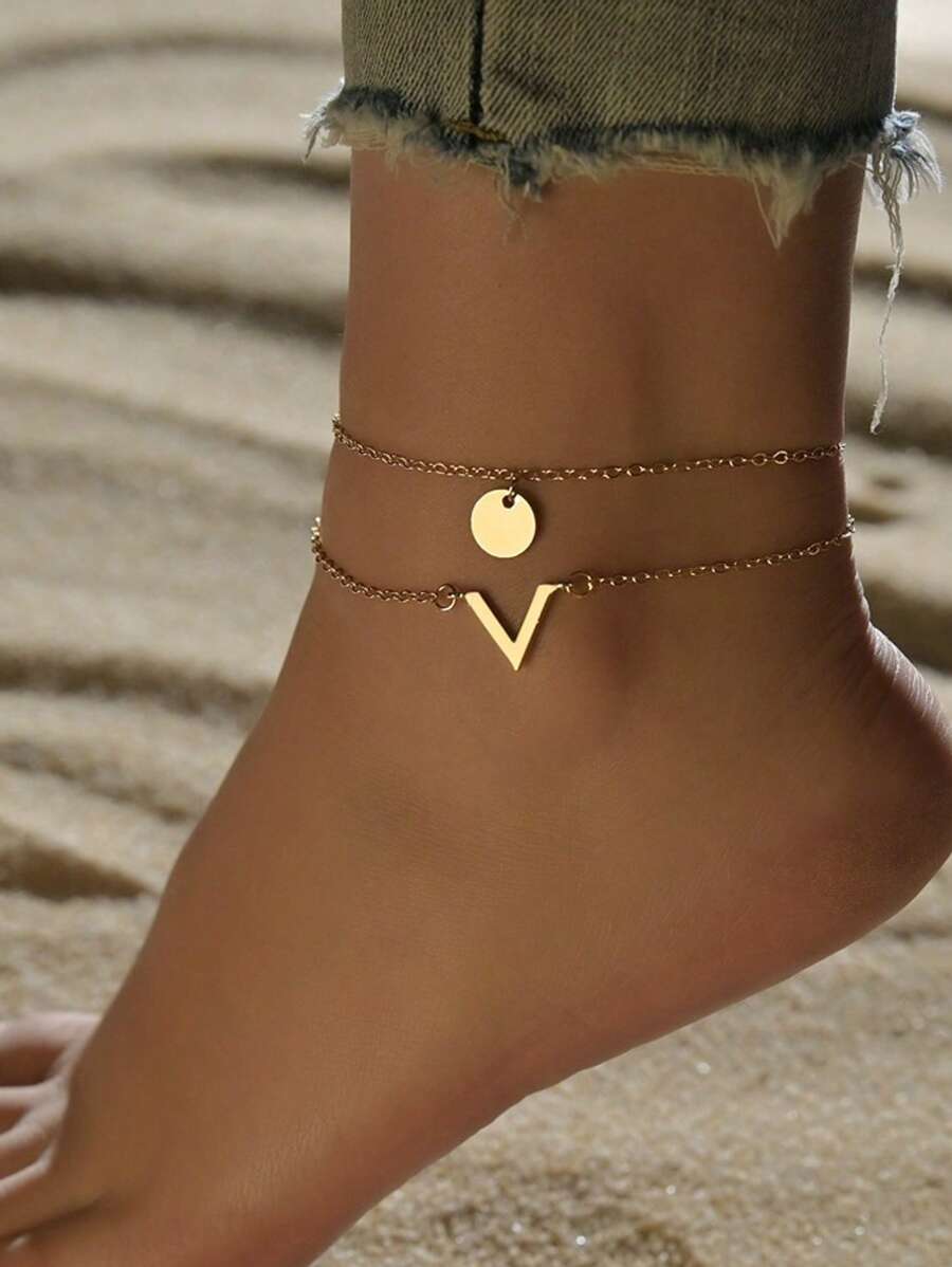 2 piezas/set playa tema de mujeres Cadena de pie con redondo disco & con letra en forma de V multicapas colgante pie Bisutería - Amarillo Oro - Ver 1