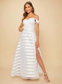 SHEIN Belle Off Shoulder Mesh Overlay Split Thigh Wedding Dress - White - View 1