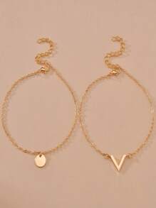 2 piezas/set playa tema de mujeres Cadena de pie con redondo disco & con letra en forma de V multicapas colgante pie Bisutería - Amarillo Oro - Ver 3