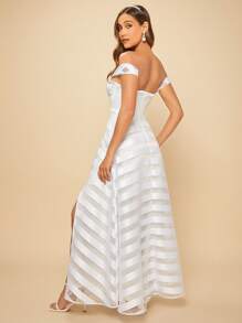 SHEIN Belle Off Shoulder Mesh Overlay Split Thigh Wedding Dress - White - View 3