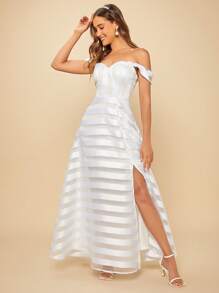SHEIN Belle Off Shoulder Mesh Overlay Split Thigh Wedding Dress - White - View 4