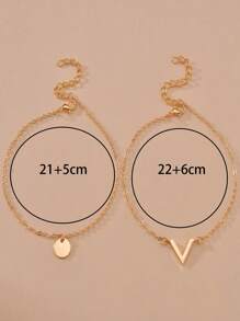 2 piezas/set playa tema de mujeres Cadena de pie con redondo disco & con letra en forma de V multicapas colgante pie Bisutería - Amarillo Oro - Ver 4