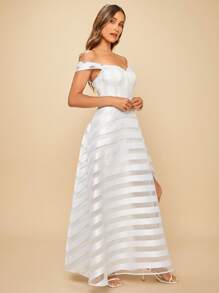 SHEIN Belle Off Shoulder Mesh Overlay Split Thigh Wedding Dress - White - View 6