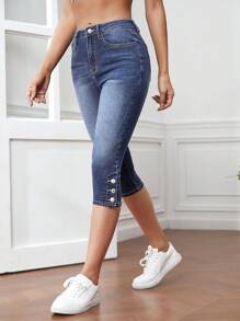 SHEIN Frenchy 鈕扣下擺緊身七分牛仔褲 - 霧霾藍 - 查看 1