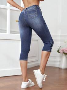 SHEIN Frenchy 鈕扣下擺緊身七分牛仔褲 - 霧霾藍 - 查看 2