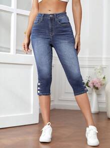 SHEIN Frenchy 鈕扣下擺緊身七分牛仔褲 - 霧霾藍 - 查看 4