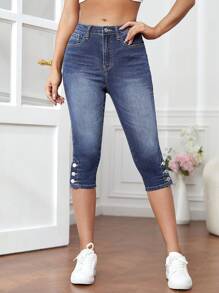 SHEIN Frenchy 鈕扣下擺緊身七分牛仔褲 - 霧霾藍 - 查看 5