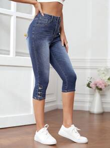 SHEIN Frenchy 鈕扣下擺緊身七分牛仔褲 - 霧霾藍 - 查看 6