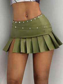 SHEIN ICON Studded Detail Pleated Hem PU Leather Skirt - Army Green - View 2