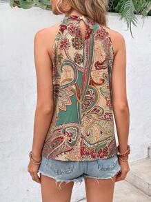 Breezaya Paisley Print Keyhole Back Halter Neck Blouse