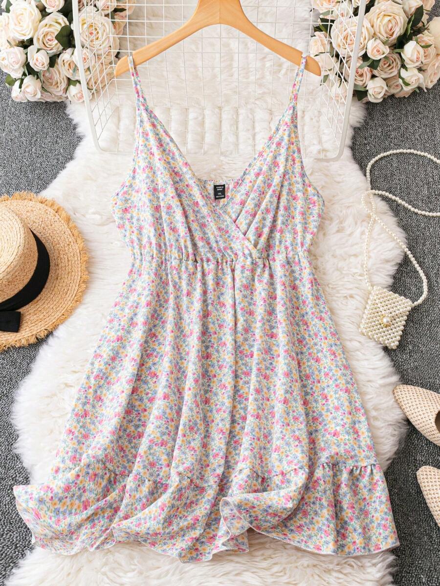 SHEIN LUNE Plus Ditsy Floral Print Ruffle Hem Cami Dress - Multicolor - View 1