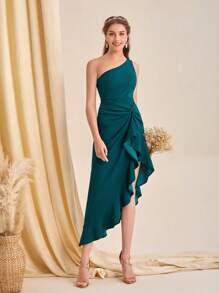 SHEIN Belle One Shoulder Twist Front Ruffle Trim Split Hem Dress - Teal Blue - View 1
