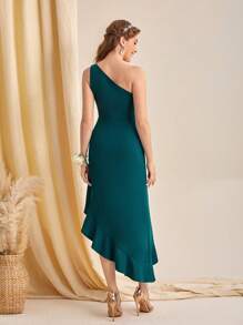 SHEIN Belle One Shoulder Twist Front Ruffle Trim Split Hem Dress - Teal Blue - View 3
