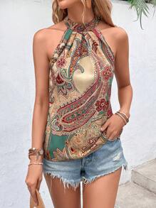 Breezaya Paisley Print Keyhole Back Halter Neck Blouse
