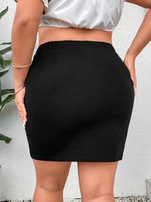 SHEIN Franclia Plus Button Detail Split Hem Skirt - Black - View 2