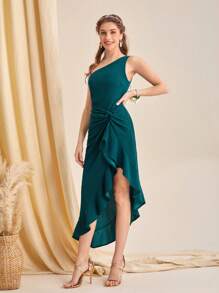 SHEIN Belle One Shoulder Twist Front Ruffle Trim Split Hem Dress - Teal Blue - View 5
