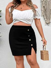 SHEIN Franclia Plus Button Detail Split Hem Skirt - Black - View 3