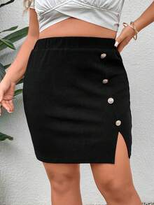 SHEIN Franclia Plus Button Detail Split Hem Skirt - Black - View 4