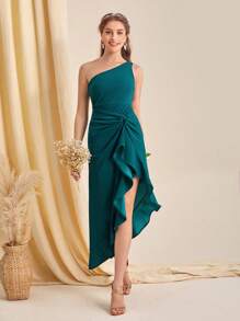 SHEIN Belle One Shoulder Twist Front Ruffle Trim Split Hem Dress - Teal Blue - View 4