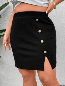 SHEIN Franclia Plus Button Detail Split Hem Skirt - Black - View 5