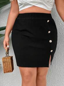 SHEIN Franclia Plus Button Detail Split Hem Skirt - Black - View 6