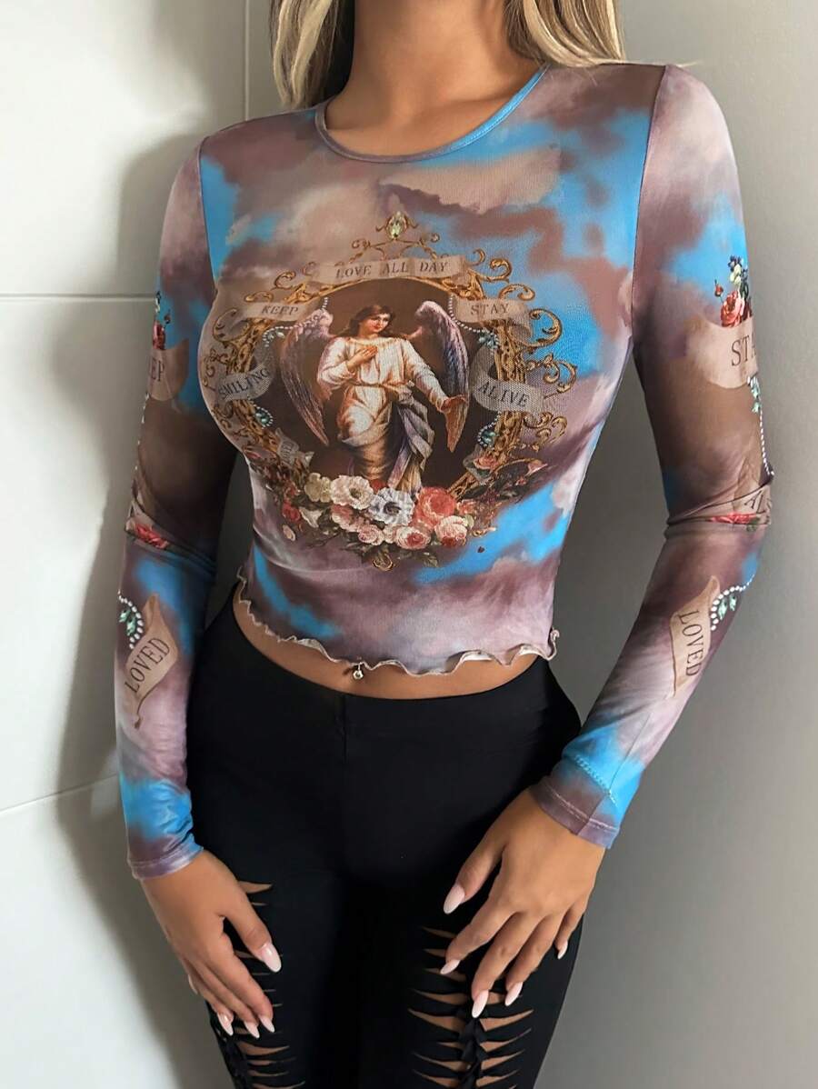 SHEIN ICON 人像圖案木耳邊網紗短款上衣 - 彩色 - 查看 1
