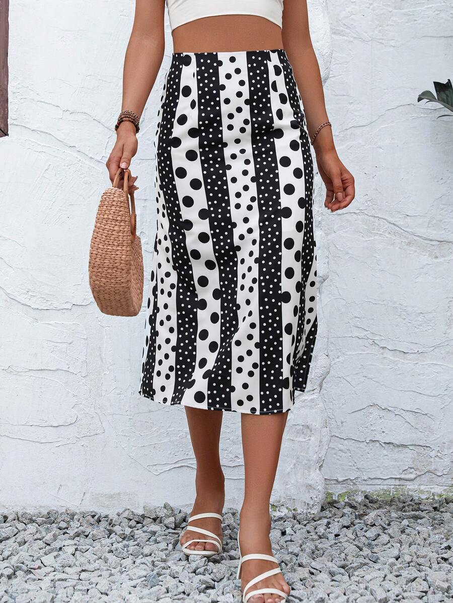 SHEIN Privé 波點圖案高腰半身裙 - 黑與白 - 查看 1
