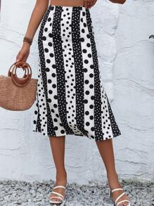 SHEIN Privé 波點圖案高腰半身裙 - 黑與白 - 查看 3