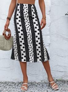 SHEIN Privé 波點圖案高腰半身裙 - 黑與白 - 查看 4