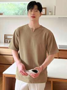 DAZY Hombres Camiseta unicolor de cuello de muesca - Caqui - Ver 1