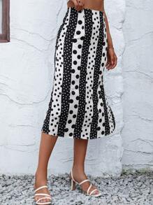 SHEIN Privé 波點圖案高腰半身裙 - 黑與白 - 查看 6