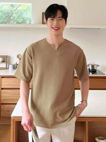 DAZY Hombres Camiseta unicolor de cuello de muesca - Caqui - Ver 3