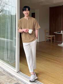 DAZY Hombres Camiseta unicolor de cuello de muesca - Caqui - Ver 7