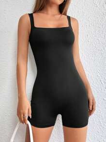 Muchica Solid Tank Unitard Romper - Black - View 4