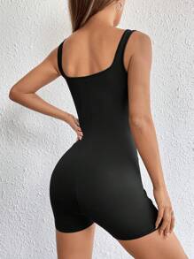 Muchica Solid Tank Unitard Romper - Black - View 2