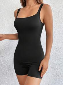 Muchica Solid Tank Unitard Romper - Black - View 6